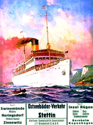 «Transportes para estâncias balneares do mar Báltico: Szczecin», cartaz publicitário da Companhia de Navegação a Vapor de Szczecin, 1908